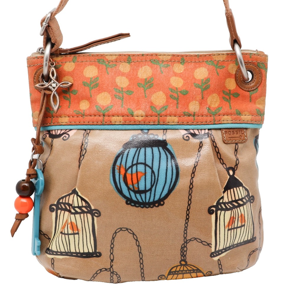 Fossil Key-Per Coated Canvas Bird Cage Crossbody Purse Handbag Adjust Strap